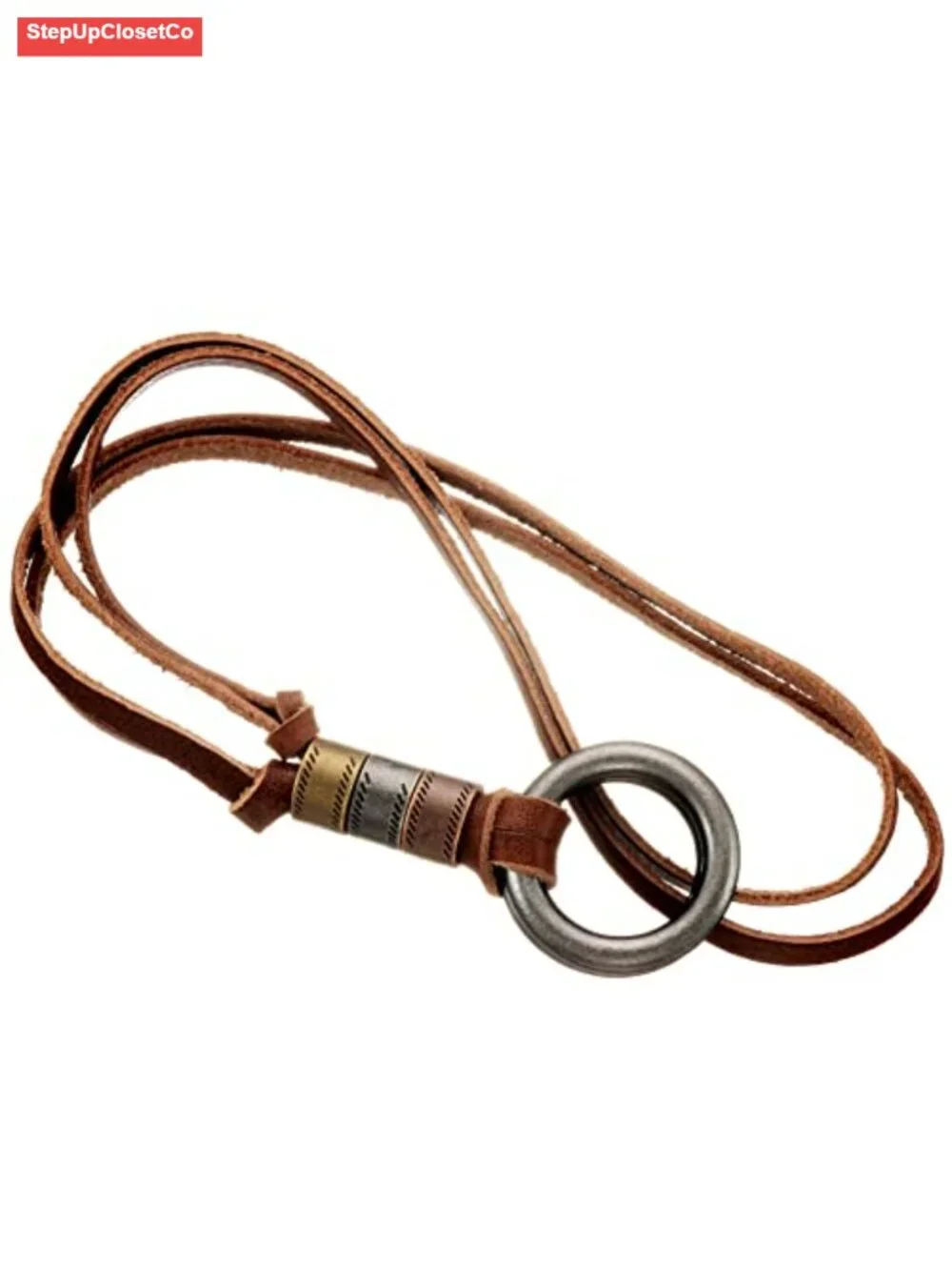 Leather Eyeglasses Necklace with Stainless Steel O-Rings Adjustable Reading